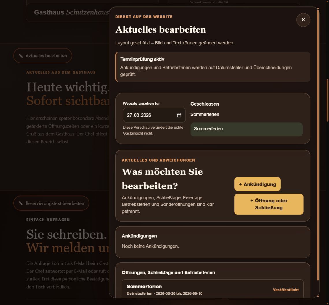 Dunkle Verwaltung für Aktuelles und Betriebsferien ohne persönliche Daten