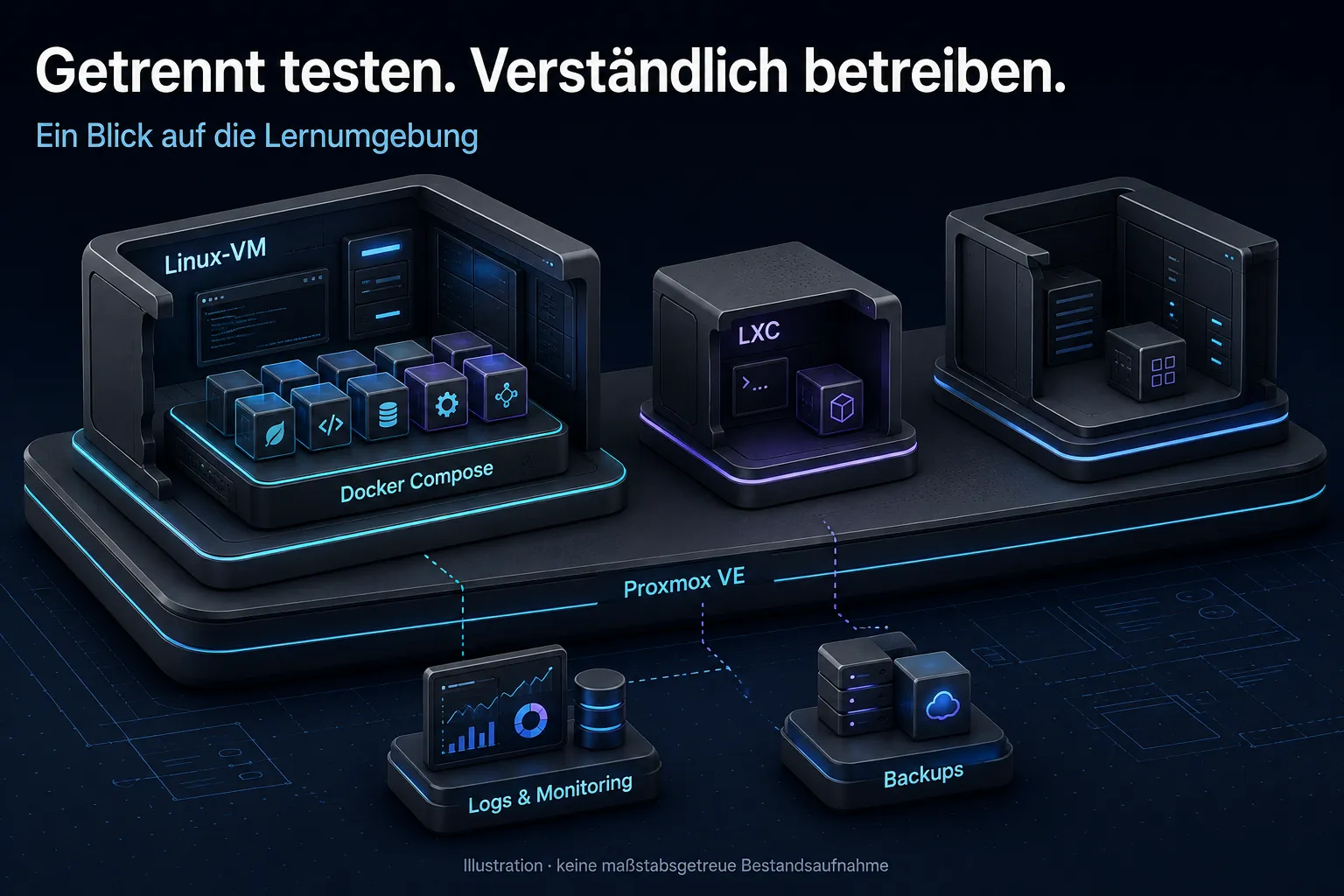 Illustration: Eine Linux-VM mit Docker-Containern und eine separate LXC-Umgebung auf einer gemeinsamen Proxmox-Plattform.