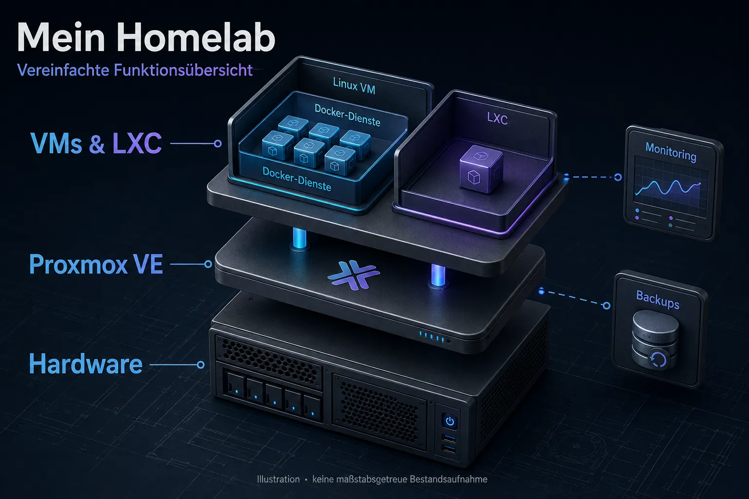 Illustration: Eigene Hardware trägt Proxmox VE mit VMs und LXC; Monitoring und Backups ergänzen den Betrieb.