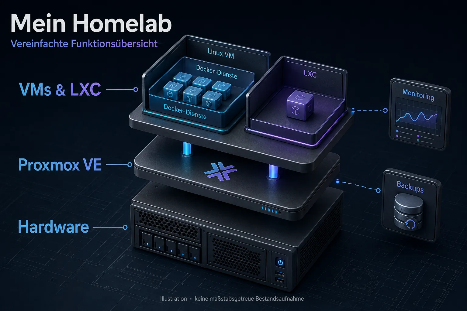 Vereinfachte Homelab-Illustration: Hardware, Proxmox und virtuelle Umgebungen