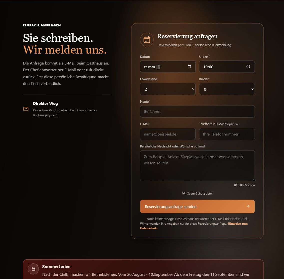 Öffentliches Reservierungsformular der Schützenhaus-Website ohne eingetragene Gästedaten