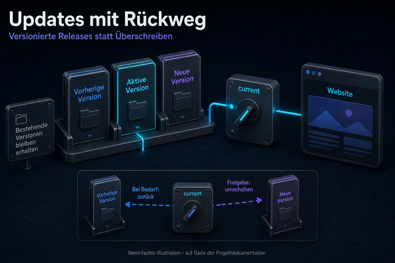 Illustration: Der Verweis current wählt genau eine Website-Version aus; eine neue oder vorherige Version kann gezielt aktiviert werden.